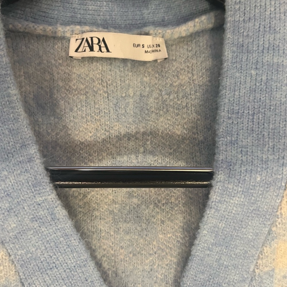 Zara Cardigan Vest Gingham Blue Cream V-Neck Crystal Glass Sweater S Small - Picture 8 of 10
